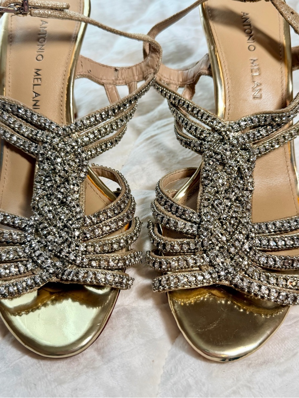 Antonio Melani Gold Rhinestone Crystal Strappy Heels Size 8.5